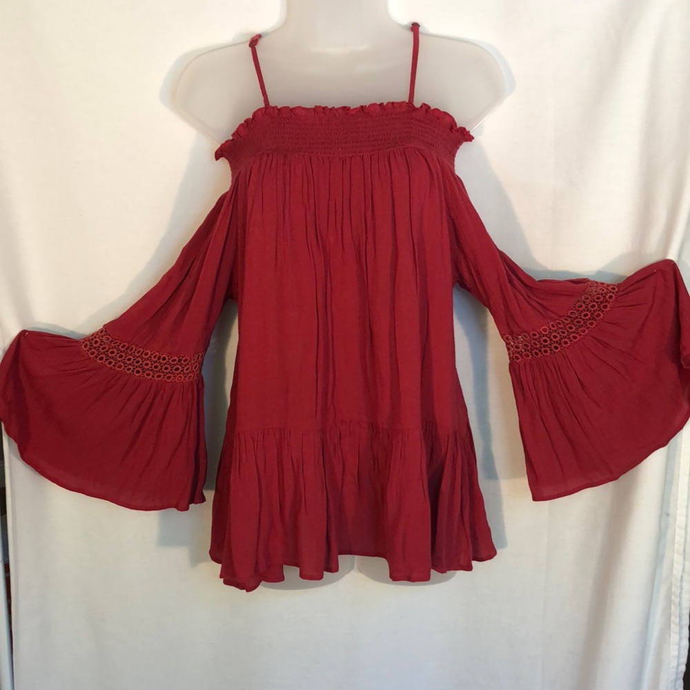 Earthbound Trading Gauzy Wine Colored Cold Shoulder Blouse